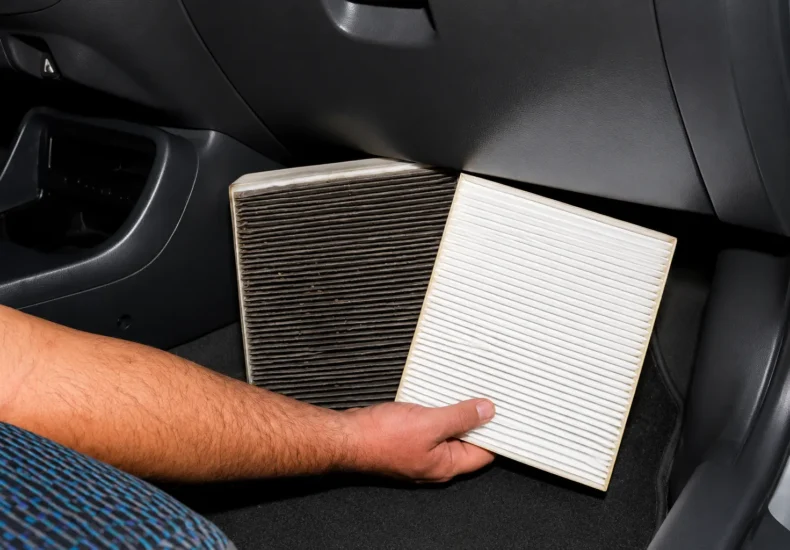 Técnico realizando el cambio del filtro de cabina para mejorar el rendimiento del aire acondicionado automotriz.