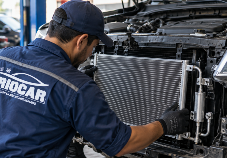 Técnico de FRIOCAR HN instalando un condensador de aire acondicionado automotriz en un vehículo