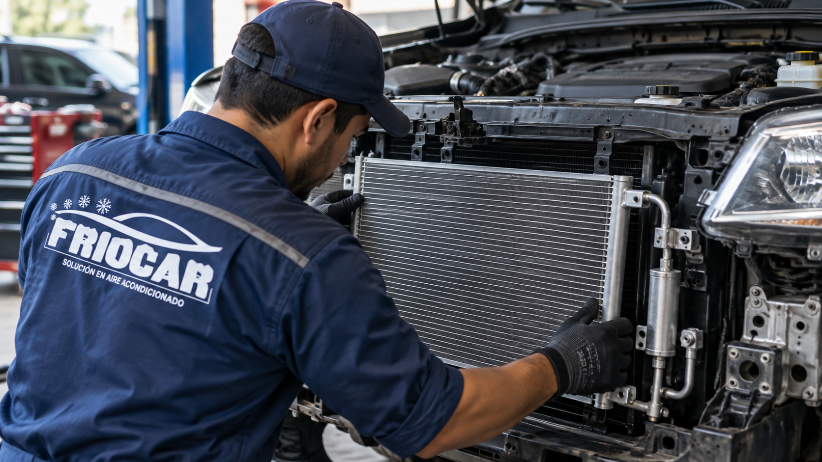 Técnico de FRIOCAR HN instalando un condensador de aire acondicionado automotriz en un vehículo